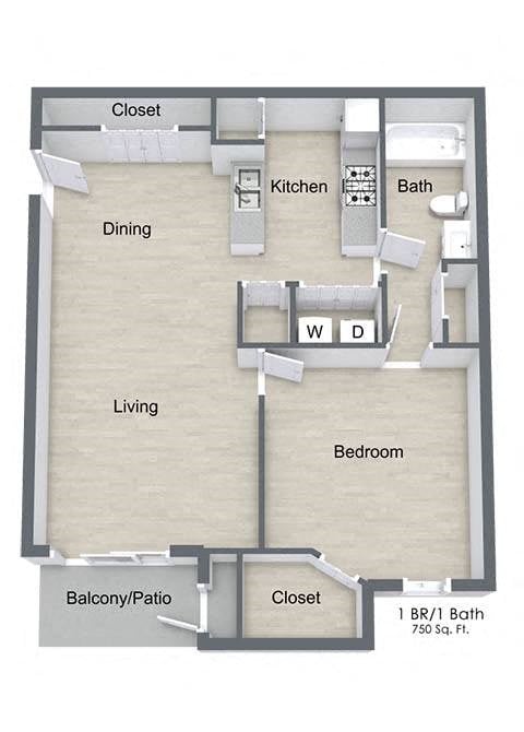 Floor plan for 1 bed, 1 bath, 750 sqft